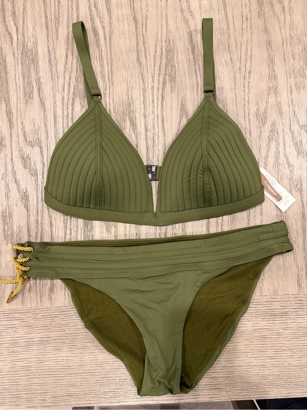 Unsealed Ribbed Olive Triangle Bikini Set - Women Swim Size 10